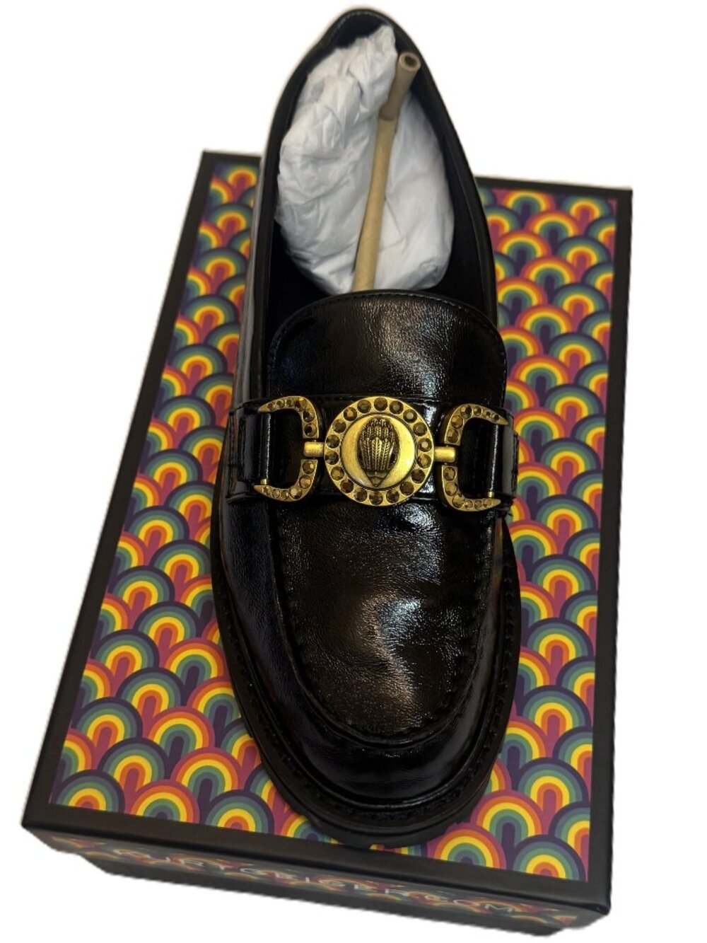 Kurt Geiger London Patent Leather Loafers with Gold Medallion Hardware
